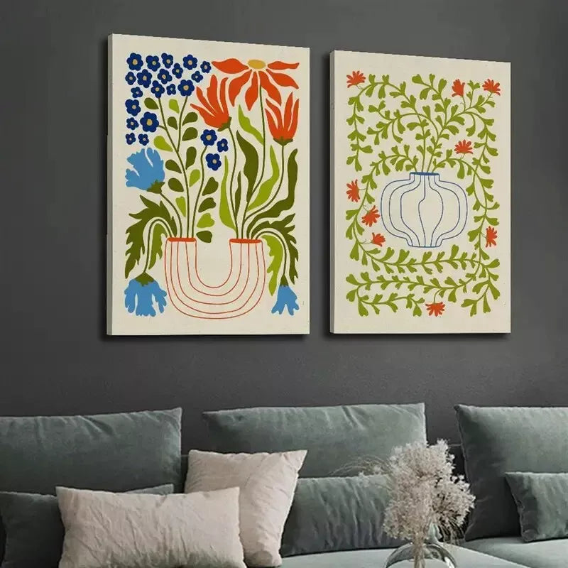 2-Pack Retro Abstract Canvas Wall Art - 50x75cm Framed Decorative Painting with Potted Plants Design | High Quality Print | Ready to Hang | Perfect for Living Room, Bedroom & Office Decor