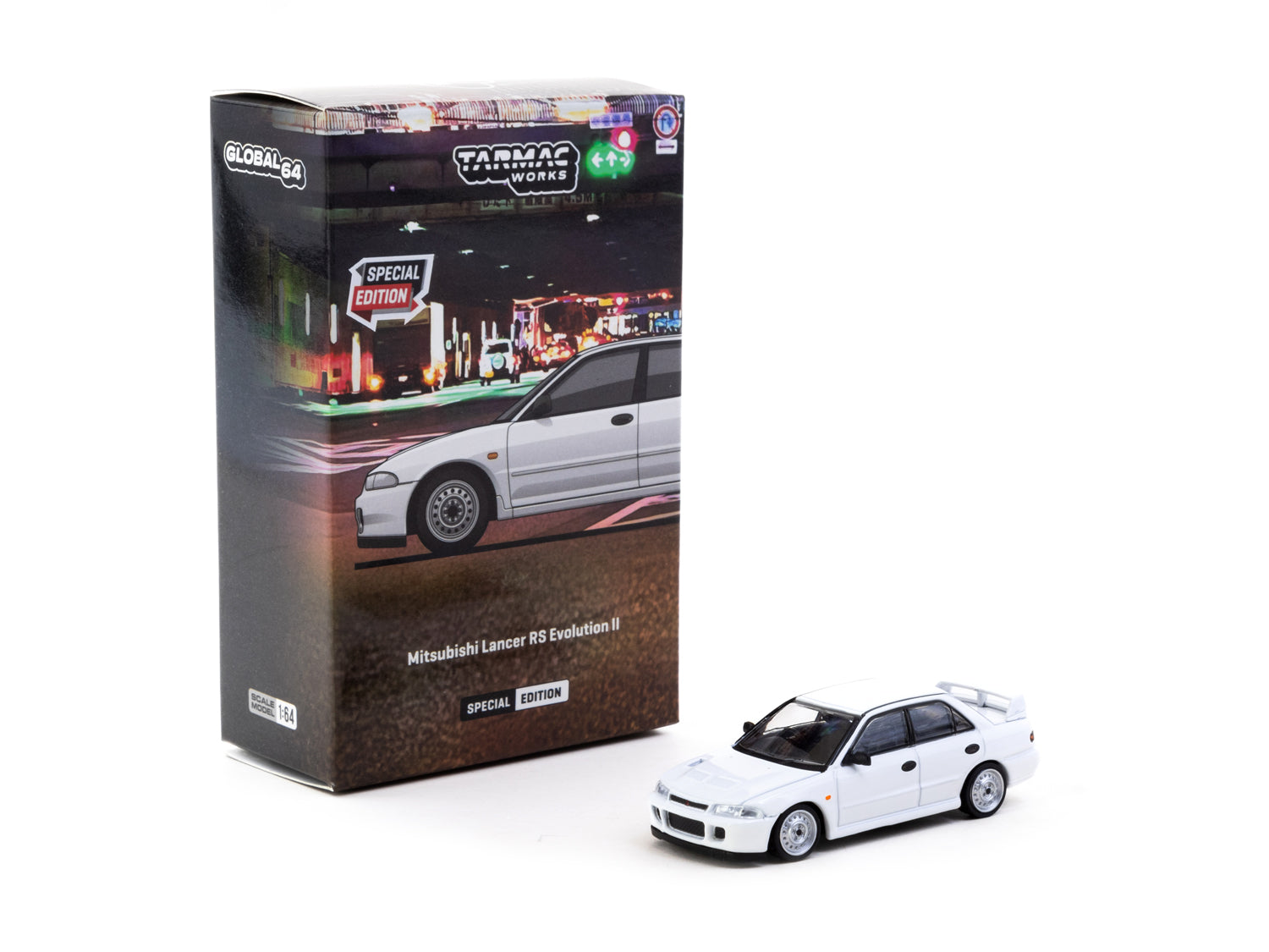 Tarmac Works 1/64 Scale Mitsubishi Lancer RS Evolution II Diecast Model Car - White Malaysia Special Edition Collectible for Car Enthusiasts | Perfect for Display, Gifts & Racing Collections