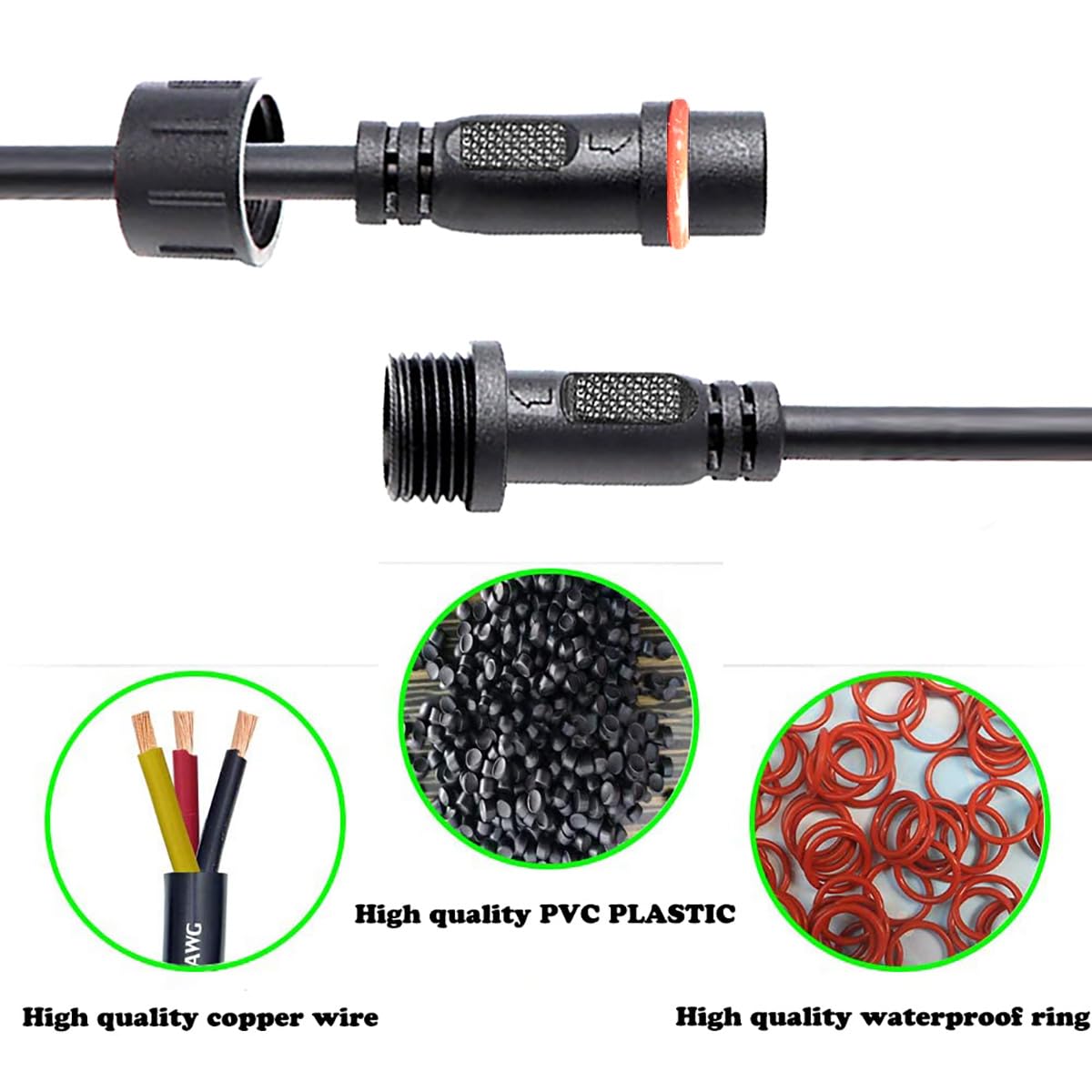 3-Pin Waterproof Connector IP68 - 16AWG Male Female LED Strip Light Plug with 20CM Extension Cable (5 Pairs) - Perfect for Indoor/Outdoor LED Lighting, Landscape Lighting, and DIY Projects