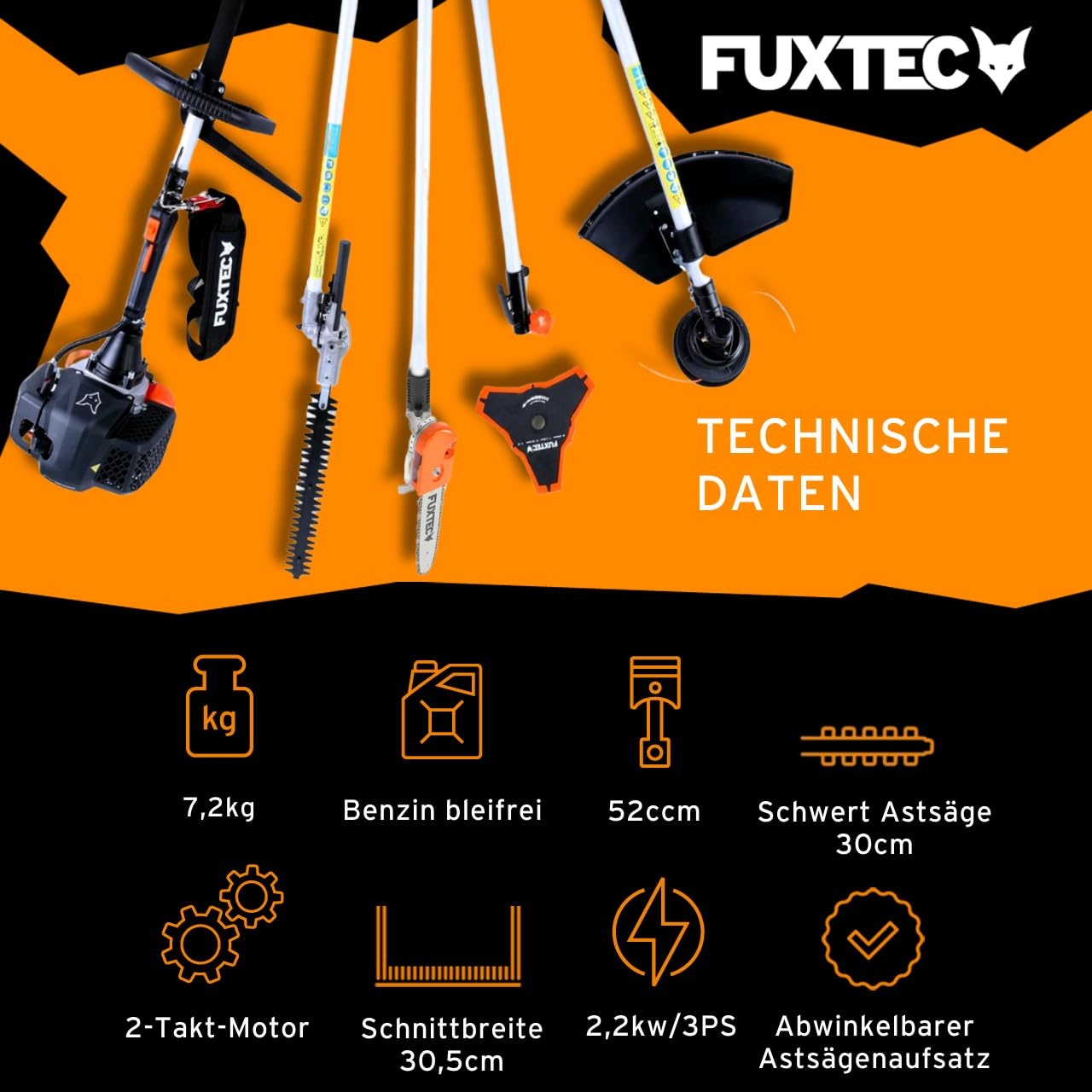 FUXTEC FX-MT252ER 5-in-1 Multi-Tool Gasoline Brush Cutter - 52cc 3HP 2-Stroke Engine with Adjustable Hedge Trimmer, Grass Trimmer, Shoulder Strap & 1m Extension - Perfect for Lawn Care, Landscaping, Yard Maintenance and Property Clearing