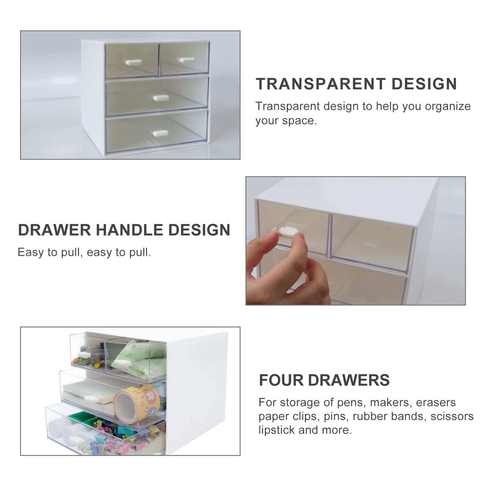 4-Drawer White Plastic Desk Organizer with Storage Box - Office, School & Home Stationery Supplies Organizer for Pens, Paper Clips & Small Accessories - Perfect for Workspace, Study Desk & Craft Room Organization