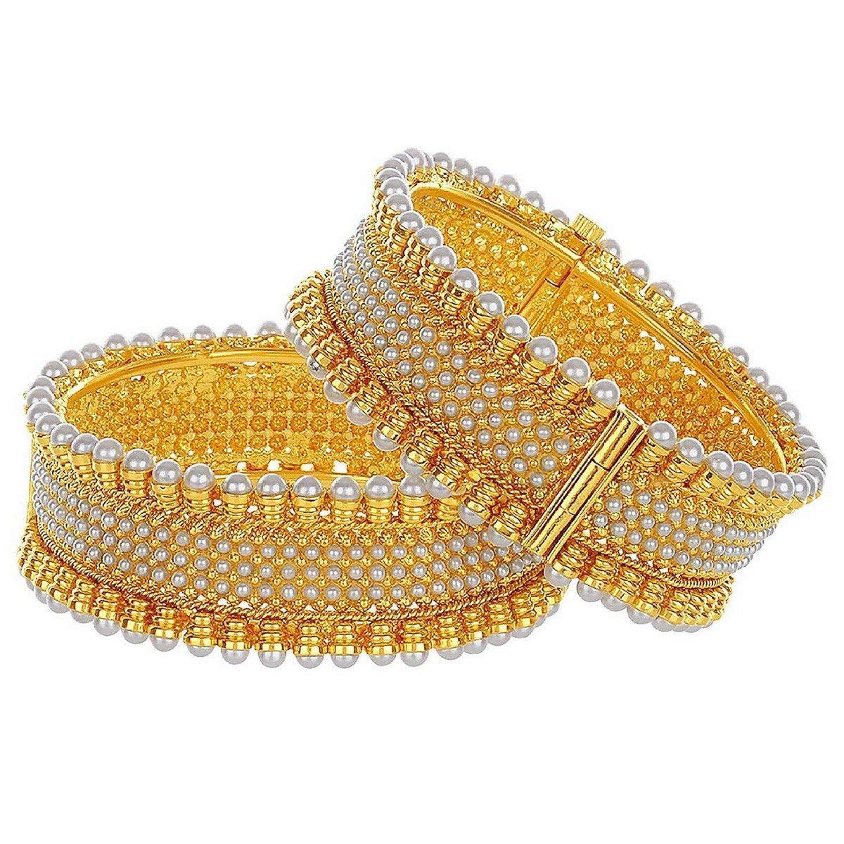 Efulgenz Gold Tone Indian Bangles for Women - Traditional Bridal Faux Pearl Beaded Bracelets Set (2 Pcs) - Bollywood Jewelry for Weddings, Parties & Festive Occasions