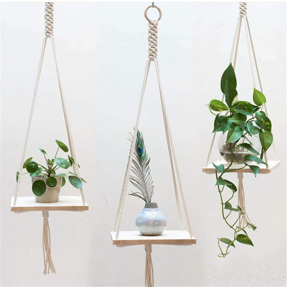 KKAI Wooden Wall Hanging Shelves Set of 3 - Handmade Floating Rope Shelves for Living Room Decor, Plant Display, Flower Pot Holder - Perfect for Indoor Wall Organization & Boho Home Decor