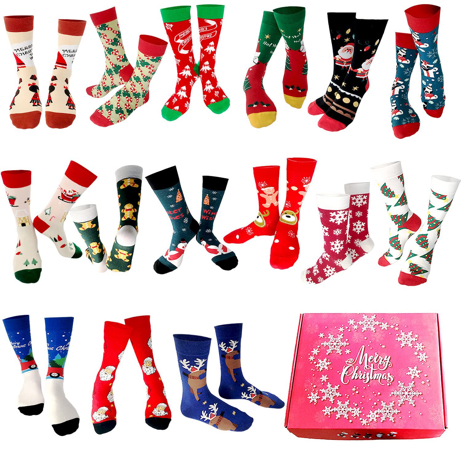 15 Pairs Christmas Socks for Women, Men & Teens - Fun Colorful Cotton Holiday Socks Gift Box Set - Perfect for Xmas Gifts, Stocking Stuffers & Family Gatherings