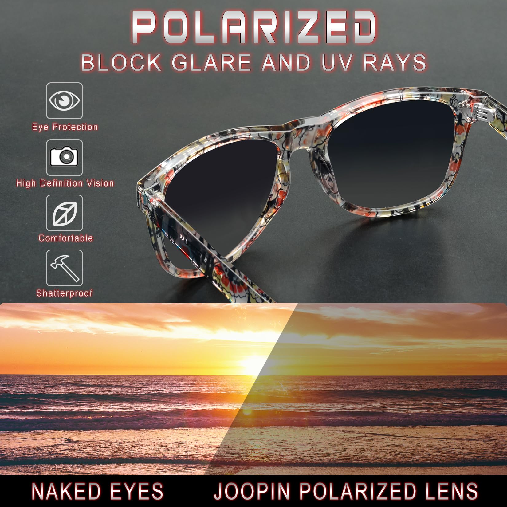 Joopin Square Polarized Sunglasses for Men & Women - UV400 Protection, Trendy Designer Shades for Driving, Beach & Outdoor Activities