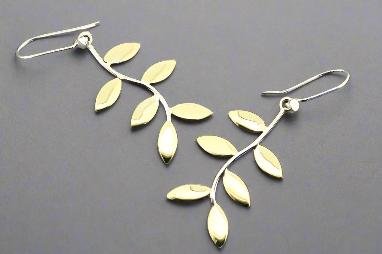 Elegant Curved 6 Leaf Earrings - Brass & Silver Dangle Earrings for Women | Perfect for Parties, Weddings & Everyday Wear