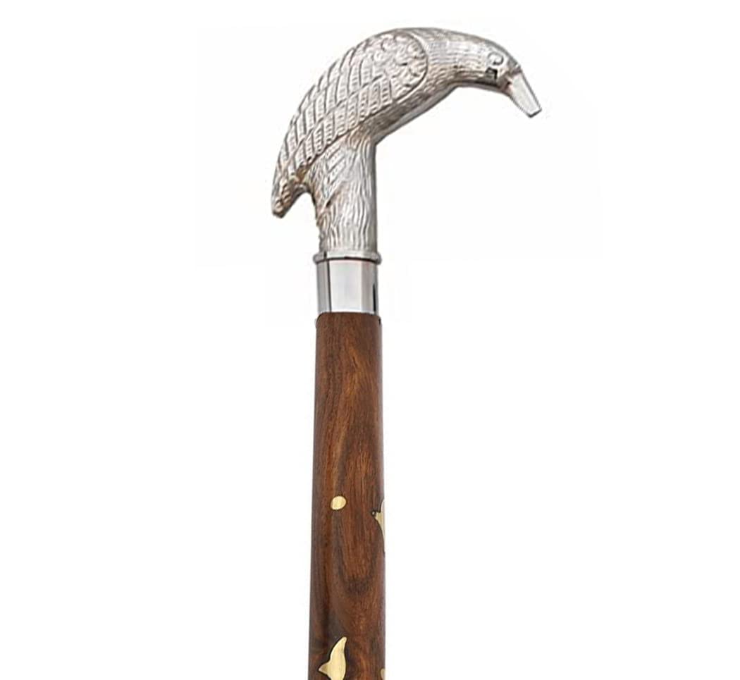 Premium Silver Raven Brass Handle Walking Cane - Solid Red Wood Shaft for Men & Women - Classic Support for Hiking, Fashion & Mobility Assistance