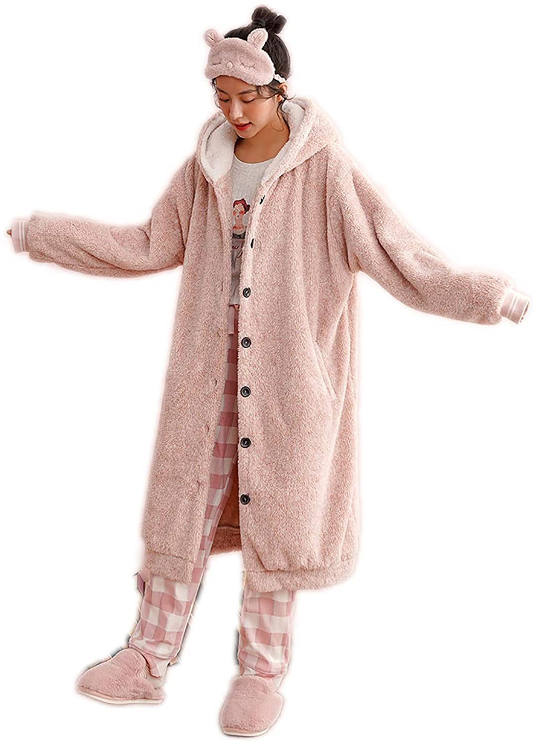 Cozy Women's Fleece Pajama Set with Hood - Soft Thick Winter Sleepwear & Loungewear (Pink, Large) - Perfect for Cold Nights, Relaxing at Home and Gift Giving