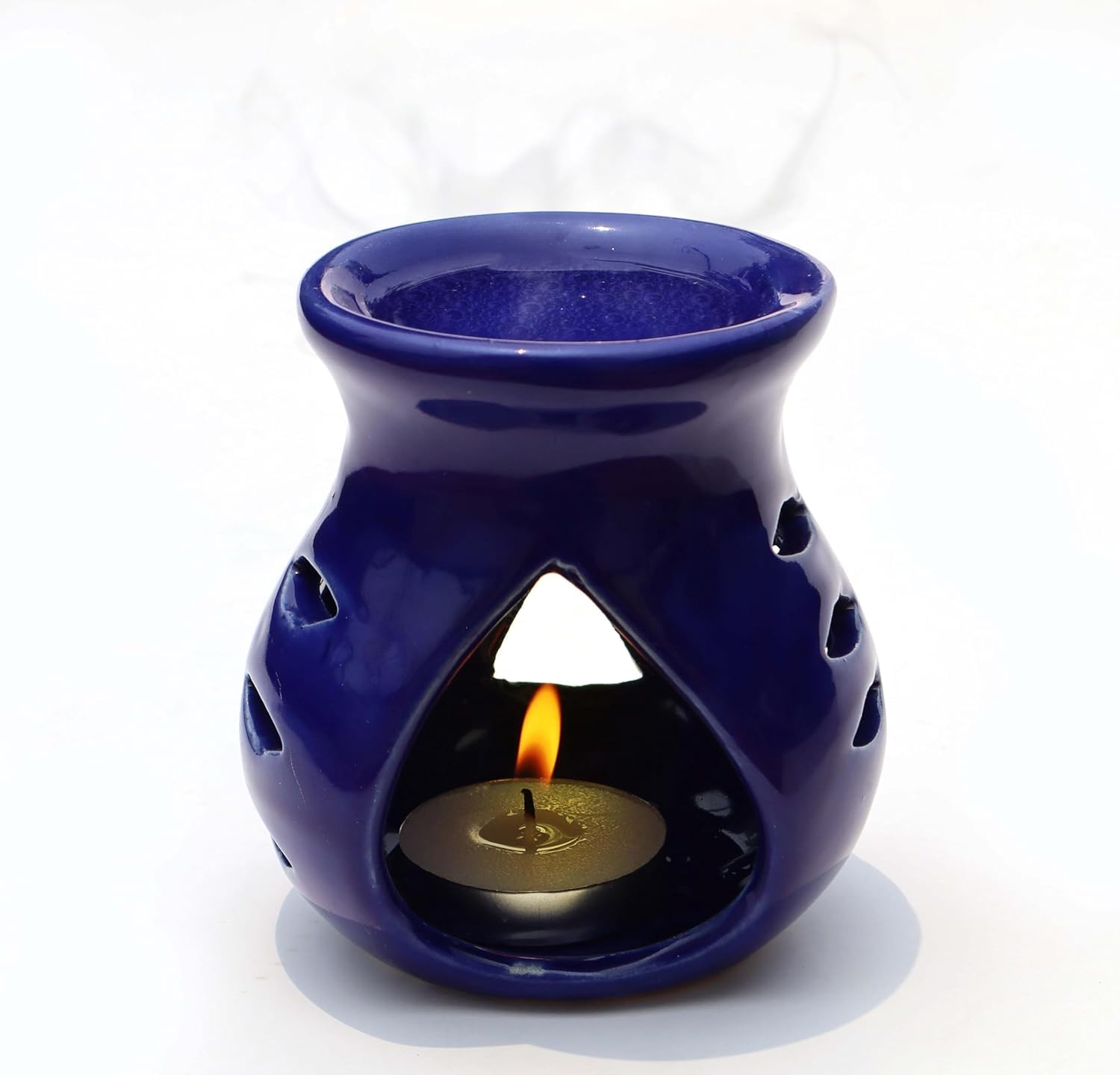 Pure Source India Ceramic Clay Candle Operated Aroma Oil Diffuser with 1 Tea Light Candle (Blue, 9cm) - Perfect for Home Aromatherapy, Yoga Meditation & Relaxation Spaces