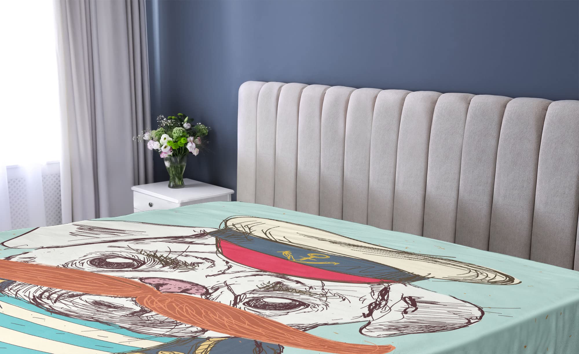 Ambesonne Pug Fitted Sheet - Twin XL, Pale Blue Navy Blue for Bed Comfort