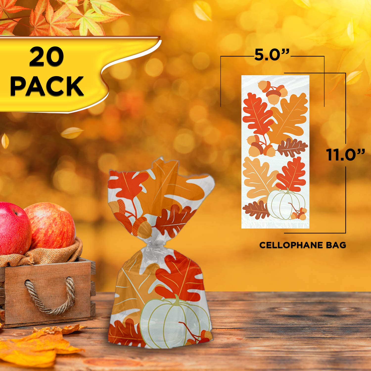 20 Count Fall Leaves Cellophane Bags for Autumn, Thanksgiving & Halloween Party Favors | Decorative Gift Bags for Seasonal Celebrations, Wedding Favors & Home Decor