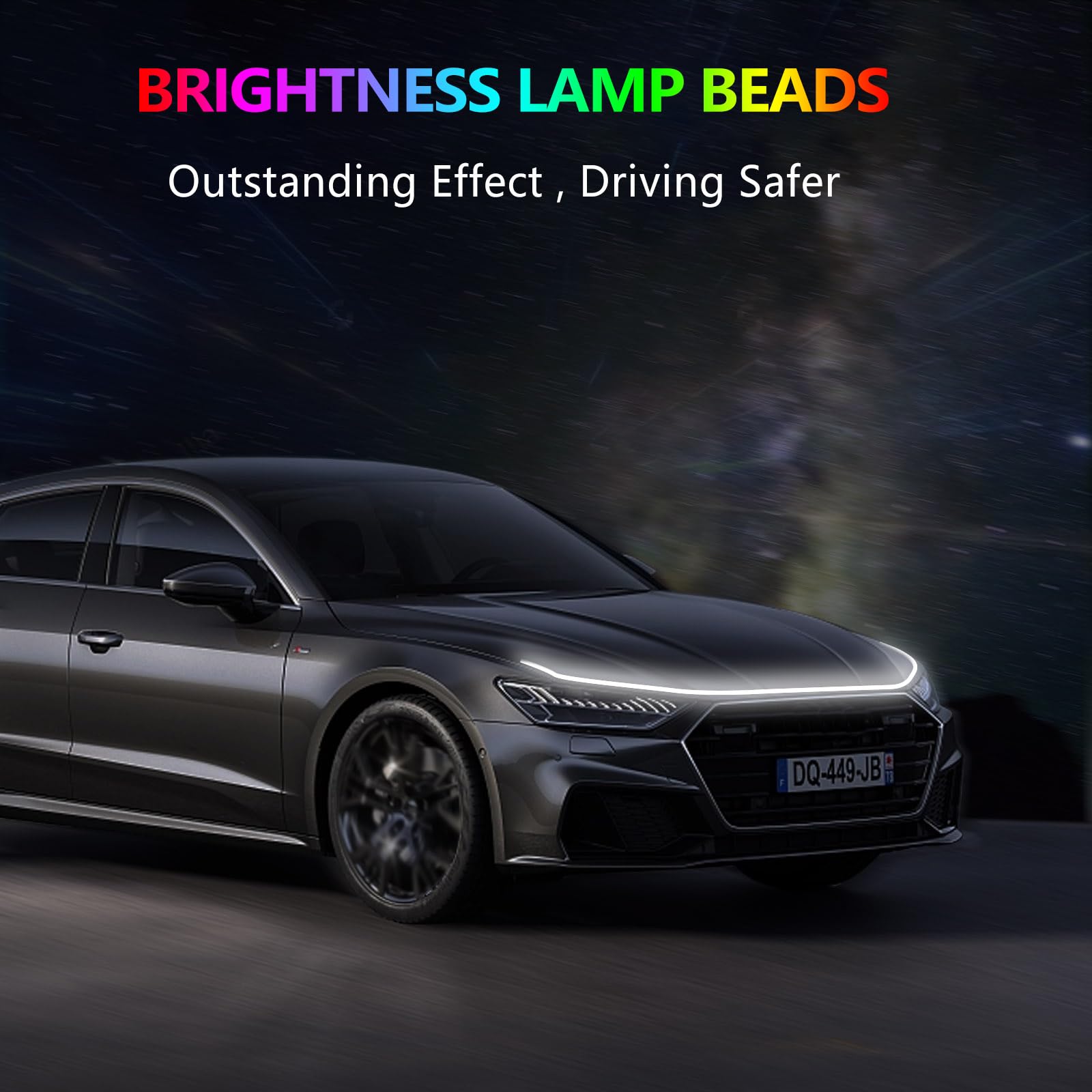 71-Inch Flexible LED Car Hood Light Strip - Dynamic White Daytime Running Lights for Cars & SUVs - Perfect for Night Driving & Custom Exterior Styling