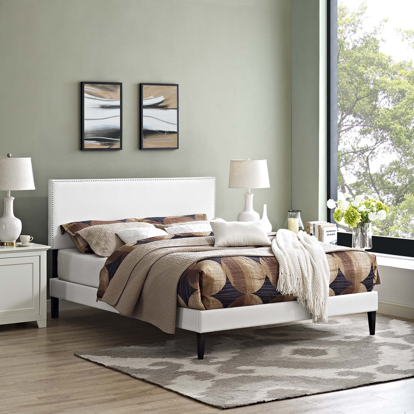 Modway Macie White Faux Leather Upholstered Full Size Platform Bed Frame with Tapered Legs - Modern Bedroom Furniture for Small Spaces & Guest Rooms