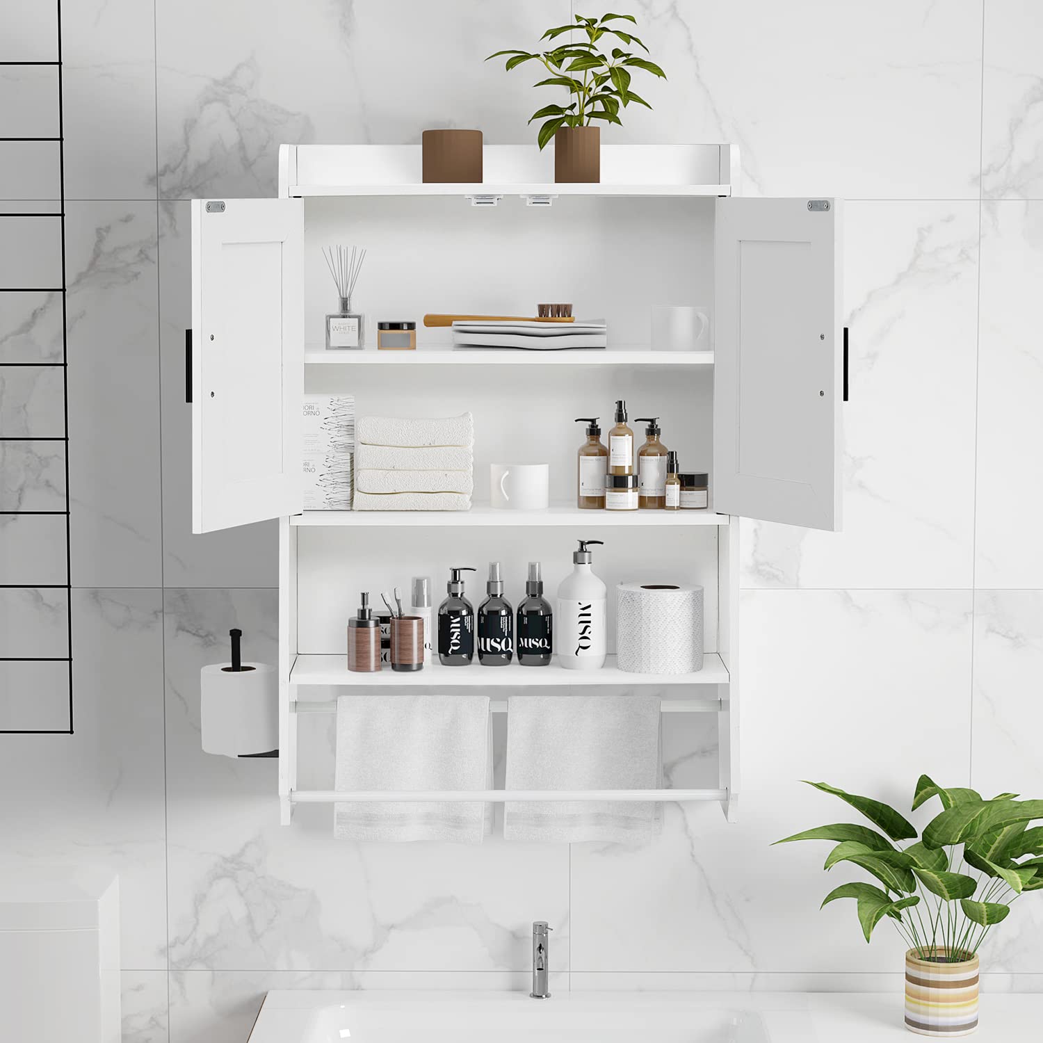 Wooden Over The Toilet Bathroom Wall Cabinet with Adjustable Shelves & Towel Bar - Wall Mounted Medicine Storage Cabinet for Bathroom Organization - Perfect for Small Bathrooms, Apartments & Powder Rooms