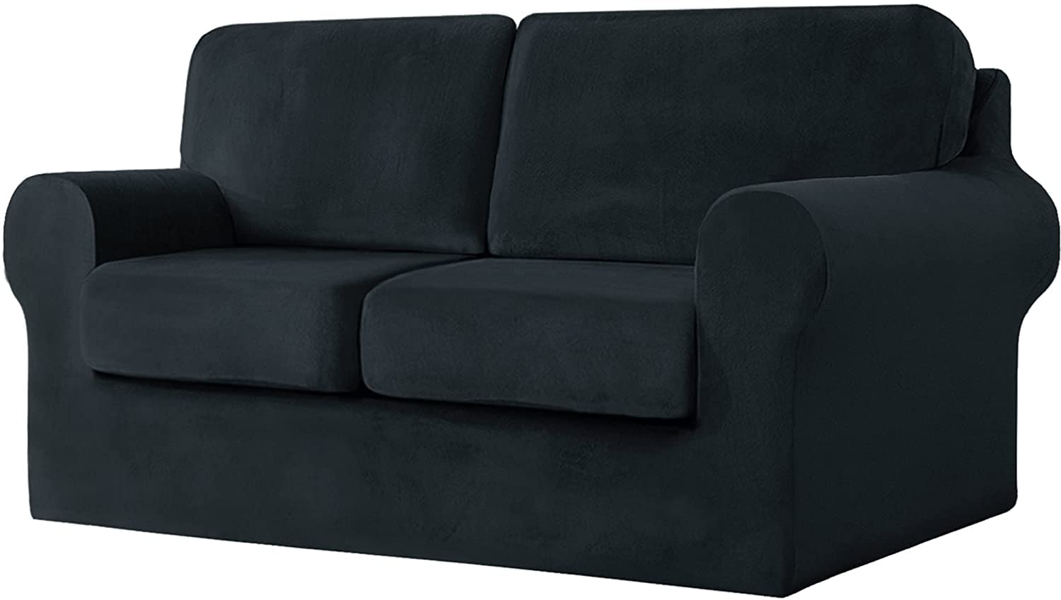 Stretch Velvet 5-Piece Loveseat Sofa Cover Set - 2 Seater Couch Slipcover with Separate Backrests & Elastic Band | Pet & Kid Friendly | Black | Perfect for Living Room, Family Room & Home Decor