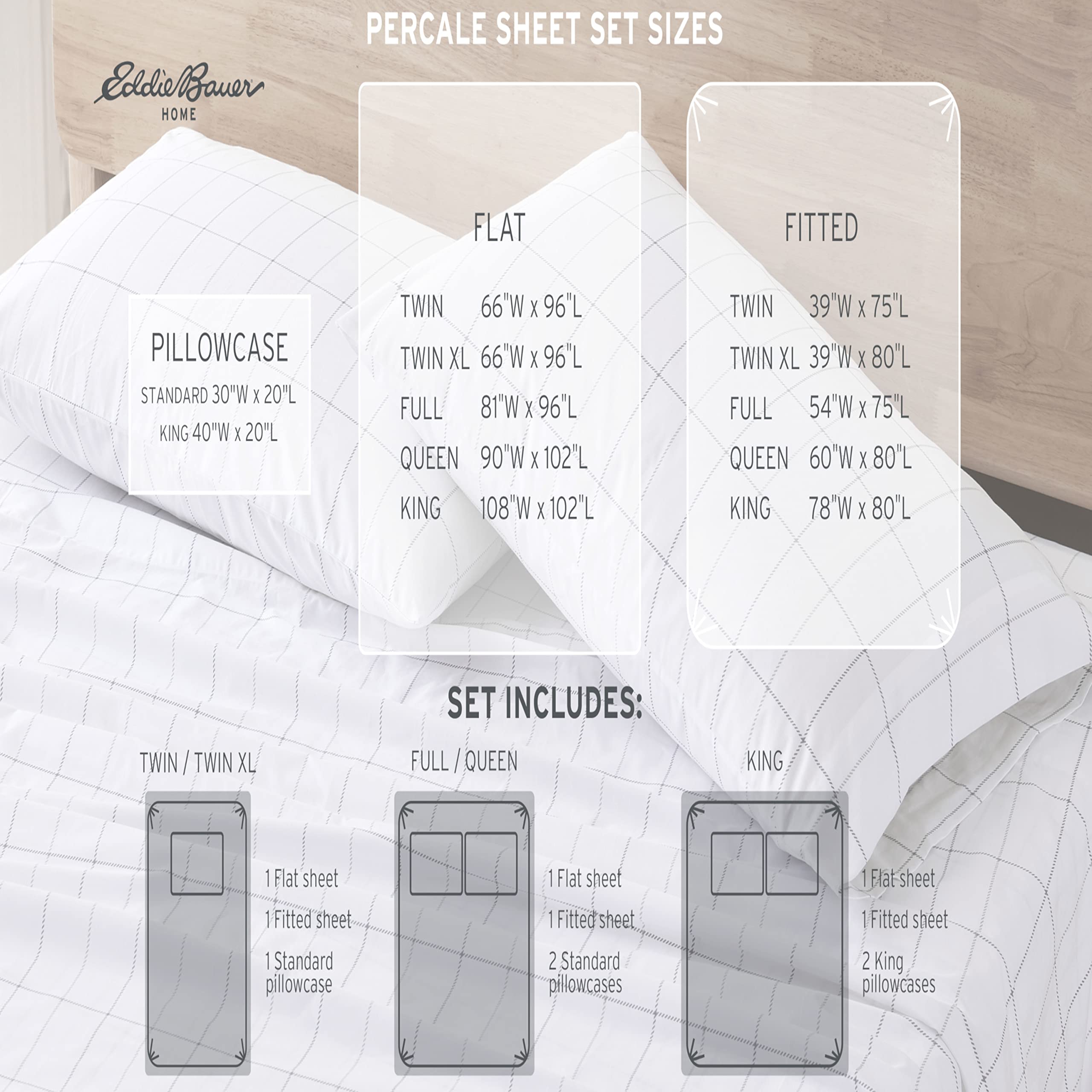 Eddie Bauer King Cotton Percale Sheets - Crisp & Cool Bedding Set for Home Decor | Perfect for Kayak Trips