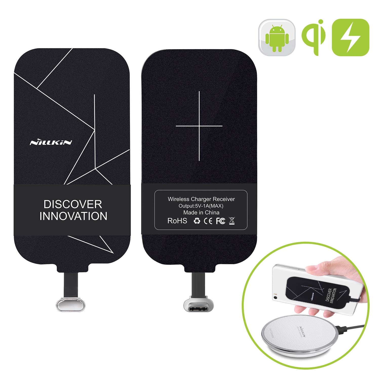 Nillkin Wireless Charger Receiver Type-C - Compatible with Google Pixel 2XL, Galaxy A20, LG Stylo 4/5, Moto G7, OnePlus 6/6T/7 Pro & More Small Type C Phones | Qi Certified Fast Charging | Perfect for Home, Office & Car Use