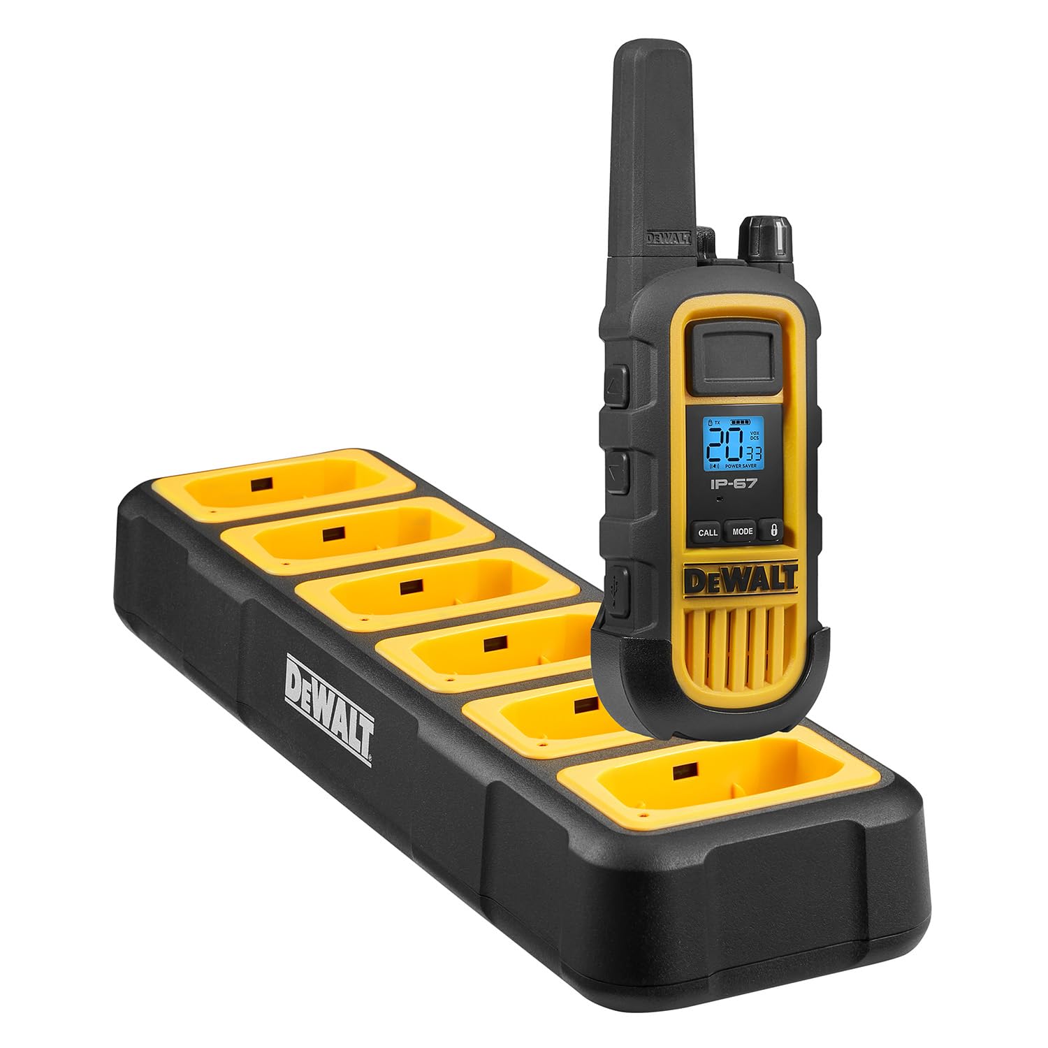 DEWALT DXFRS800 Heavy Duty 2-Watt Walkie Talkies - Waterproof, Shock Resistant, Long Range Two-Way Radios with VOX & Rechargeable Battery (48 Pack with 8X Gang Chargers) - Ideal for Construction Sites, Warehouses, and Outdoor Adventures