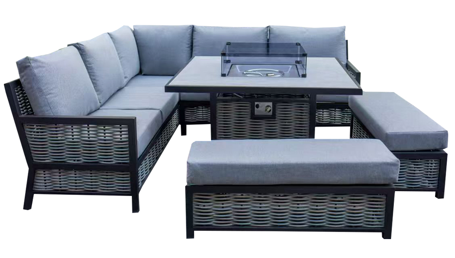 Luxury Grey Rattan L-Shaped Patio Set with Square Fire Pit Table - Outdoor Furniture for Garden, Backyard, and Poolside Relaxation