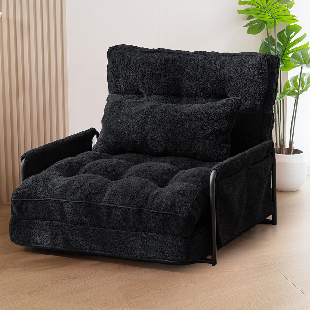 MAXYOYO Adjustable Floor Sofa Couch with Pillow - Boucle Convertible Lazy Sofa Sleeper Bed with Armrest - Single Size in Black - Perfect for Small Spaces, Living Rooms & Guest Beds