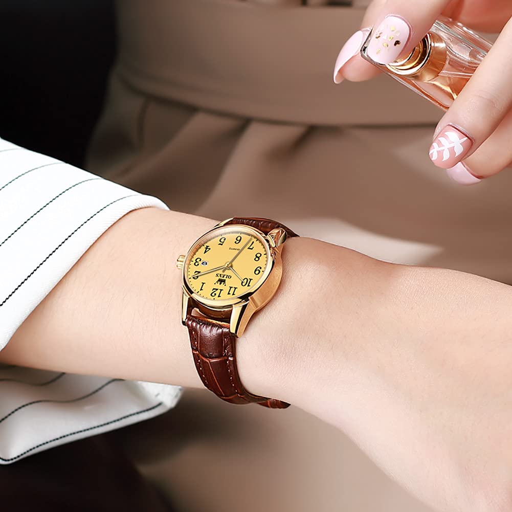 OLEVS Women's Business Dress Watch - Brown Leather Strap, Small Analog Face, Quartz Movement with Calendar & Date Display | Waterproof & Luminous | Perfect for Office, Formal Events & Everyday Wear | Classic Retro Style Ladies Wristwatch Gift