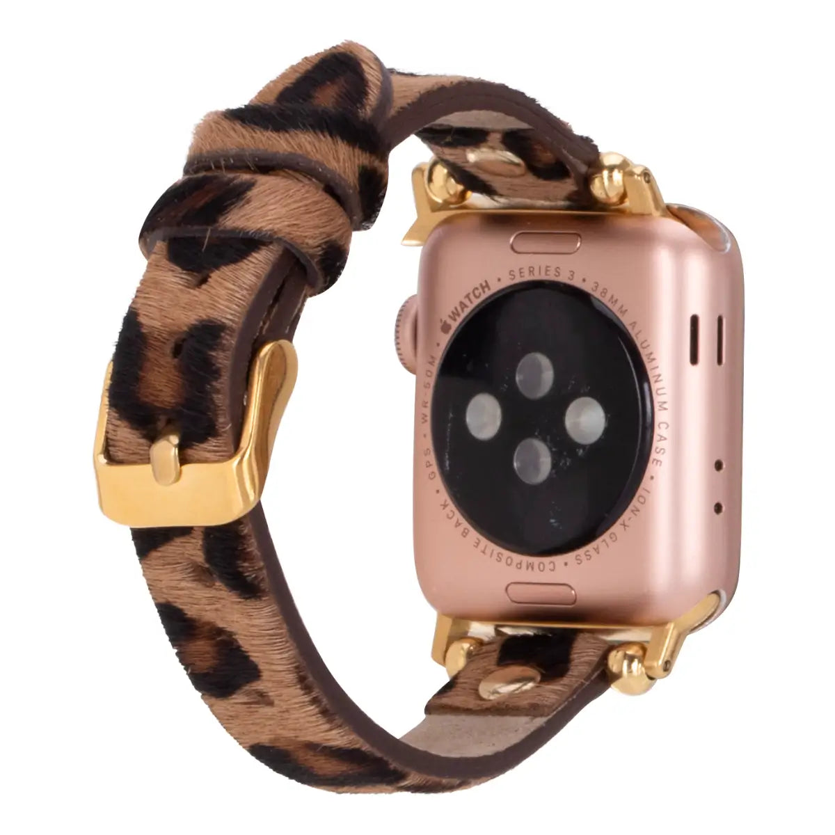 Furry Leopard Print Genuine Leather Ultra Slim Apple Watch Band with Gold Rivets - Stylish & Comfortable for Workouts, Office & Everyday Wear