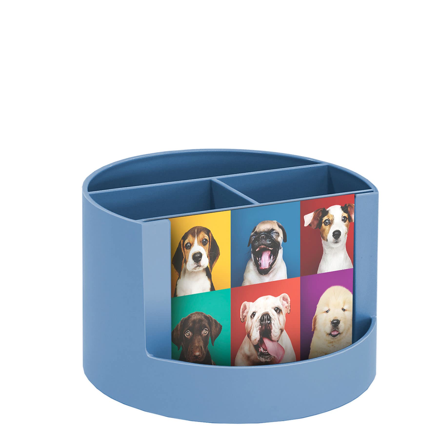 Acrimet Compact Desktop Organizer - 4 Spacious Slots Round Pencil Holder with Photo Frame | Perfect for Office Desk, Art Supplies Storage, Vanity Organizer & Home Organization | Durable Solid Blue Plastic | Great for Workstations, Craft Rooms & Bedroom Vanities