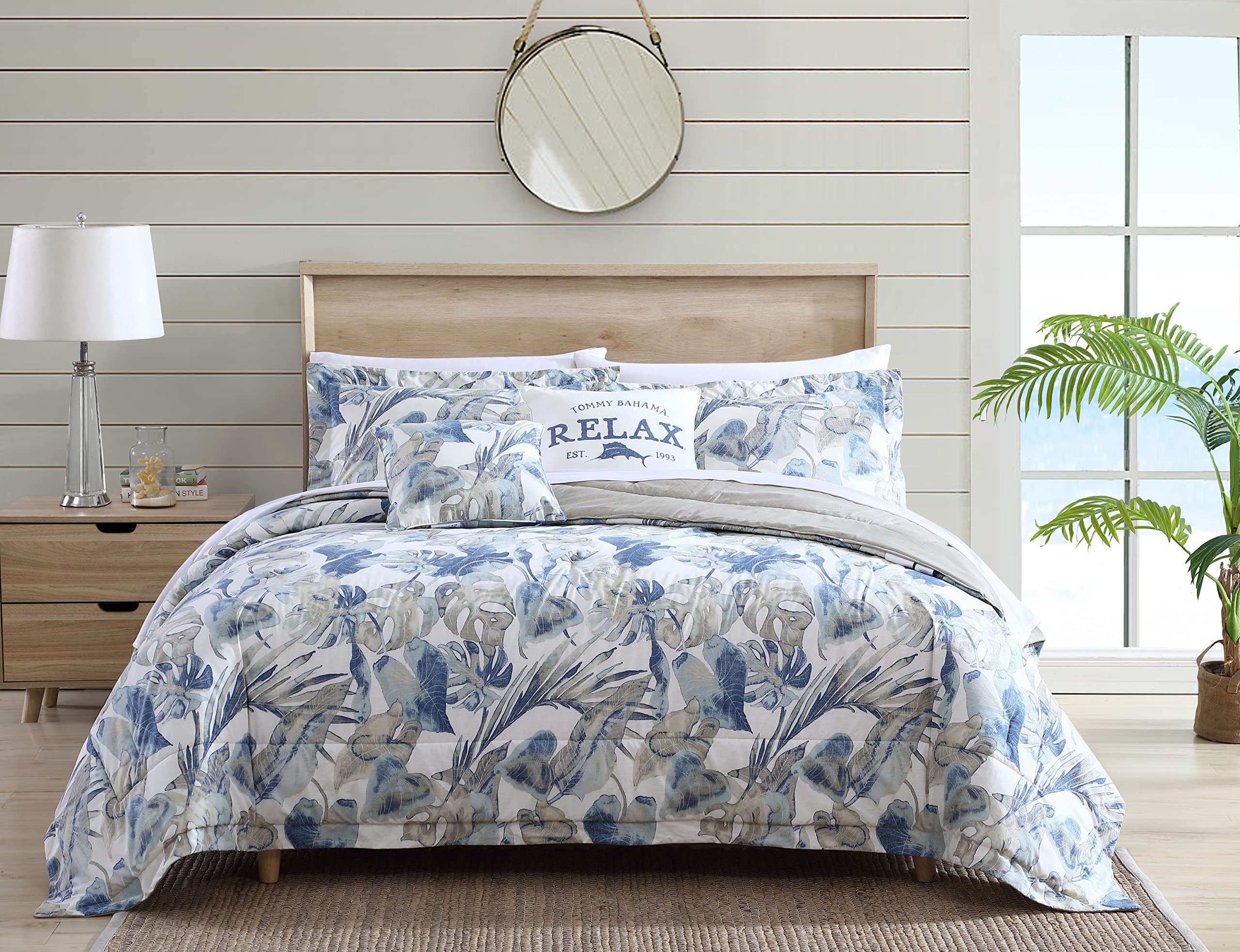 Tommy Bahama Queen Comforter Set - 100% Cotton Reversible Bedding with Matching Shams & Bedskirt | Ultra Soft Luxury Bedding for Master Bedroom (Raw Coast Blue, Queen Size) | Perfect for Coastal & Beach House Decor