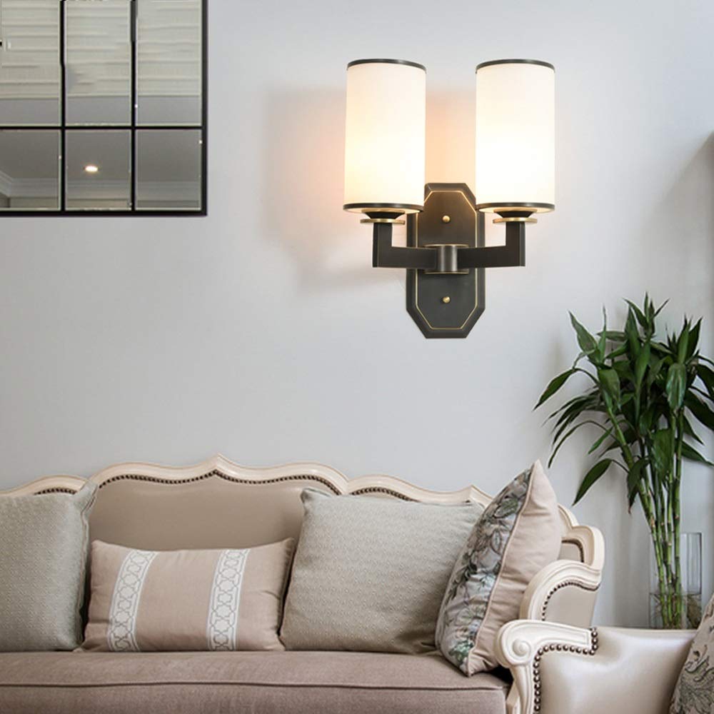 Luxury Copper Wall Lamps with Black Glass Lampshade - Double LED Light Fixtures for Living Room, TV Wall, Staircase & Porch - Energy Saving Eye Protection Lighting for Home Decor