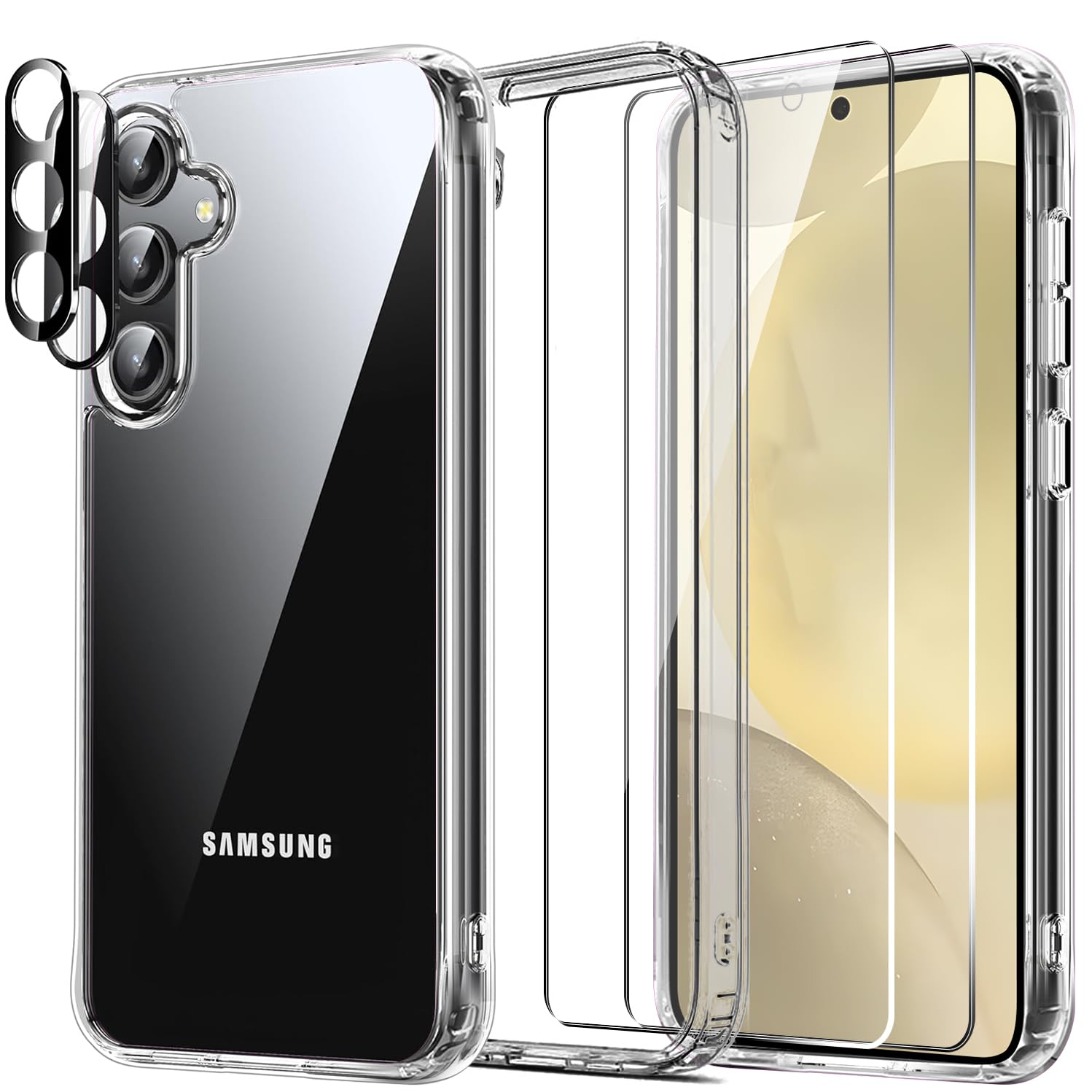 5-in-1 Bundle: 2 Pack Tempered Glass Screen Protector + Lens Protector for Samsung Galaxy S24 5G with Ultra Slim Clear Case | 9H Hardness, Shockproof, Case-Friendly | Perfect for Everyday Protection & Outdoor Activities
