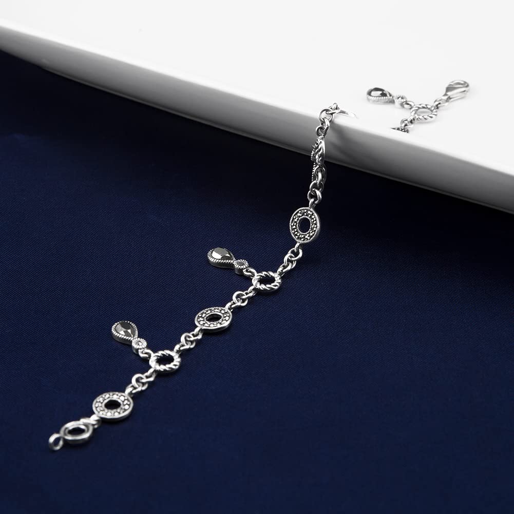 925 Sterling Silver Charm Bracelet for Women - Elegant Marcasite Hanging Pieces Bangle Jewelry | Perfect for Gifts, Parties & Everyday Wear