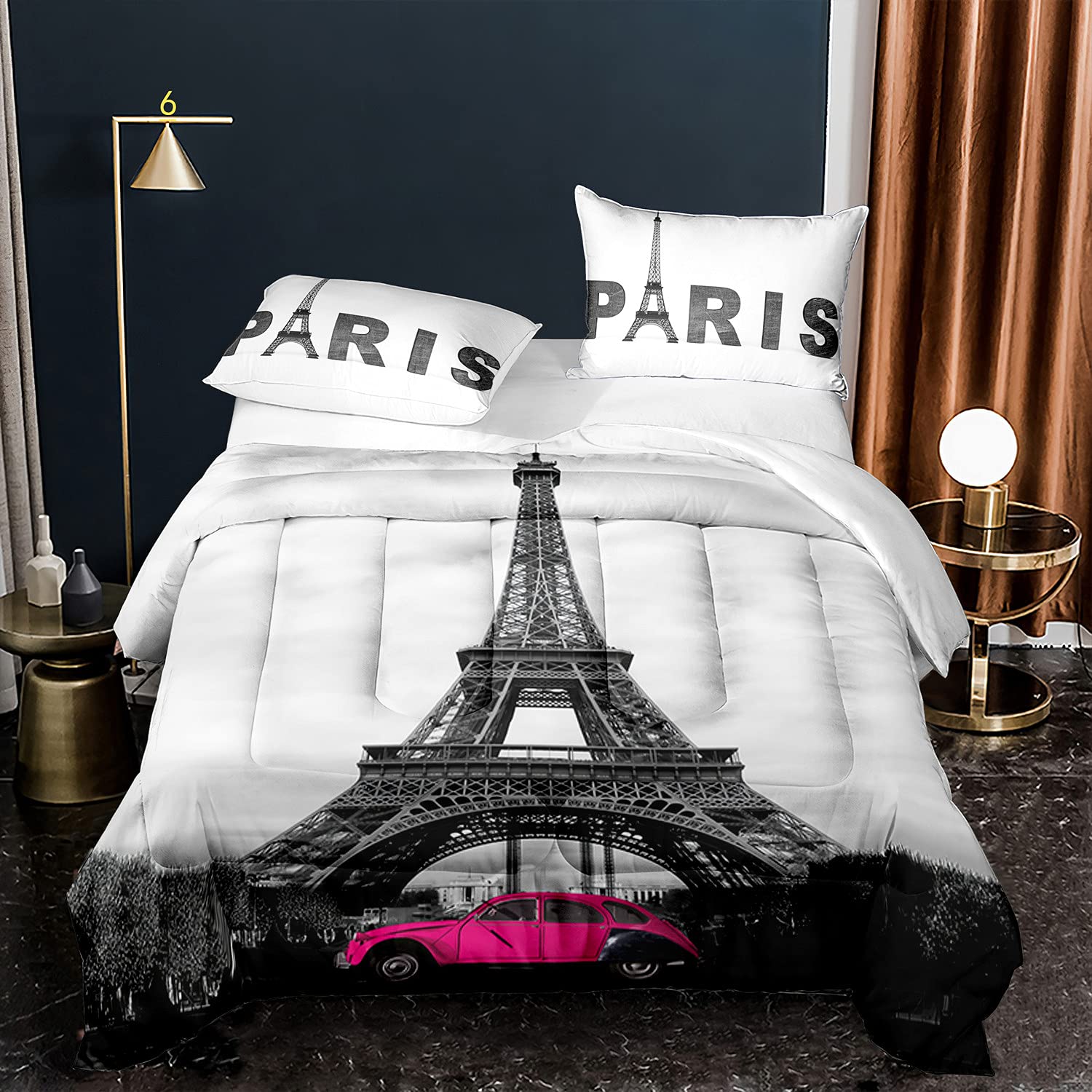 Paris Comforter Set King Size - Eiffel Tower Retro Pink French Style Bedding for Girls & Women - 1 Comforter + 2 Pillowcases - Perfect for Paris-Themed Bedrooms, Teen Girls' Rooms & Romantic Home Decor