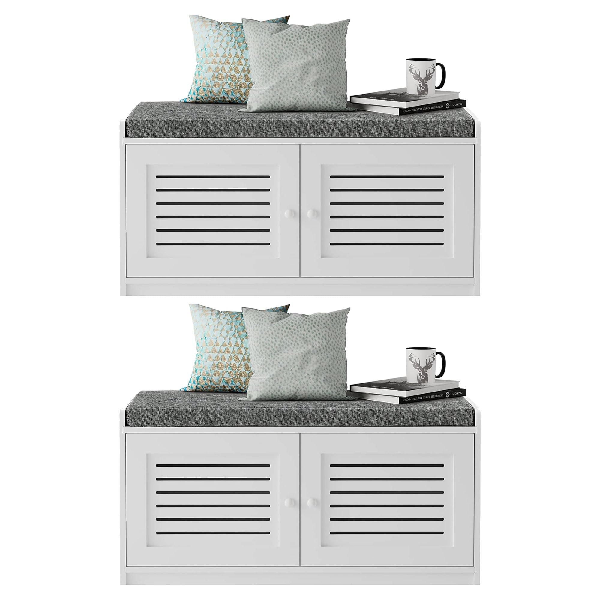 White Wooden Shoe Storage Bench with Cushioned Seat & Adjustable Shelves - 2 Pack Entryway Organizer for Living Room, Bedroom, Hallway (Perfect for Small Space Organization & Shoe Display)