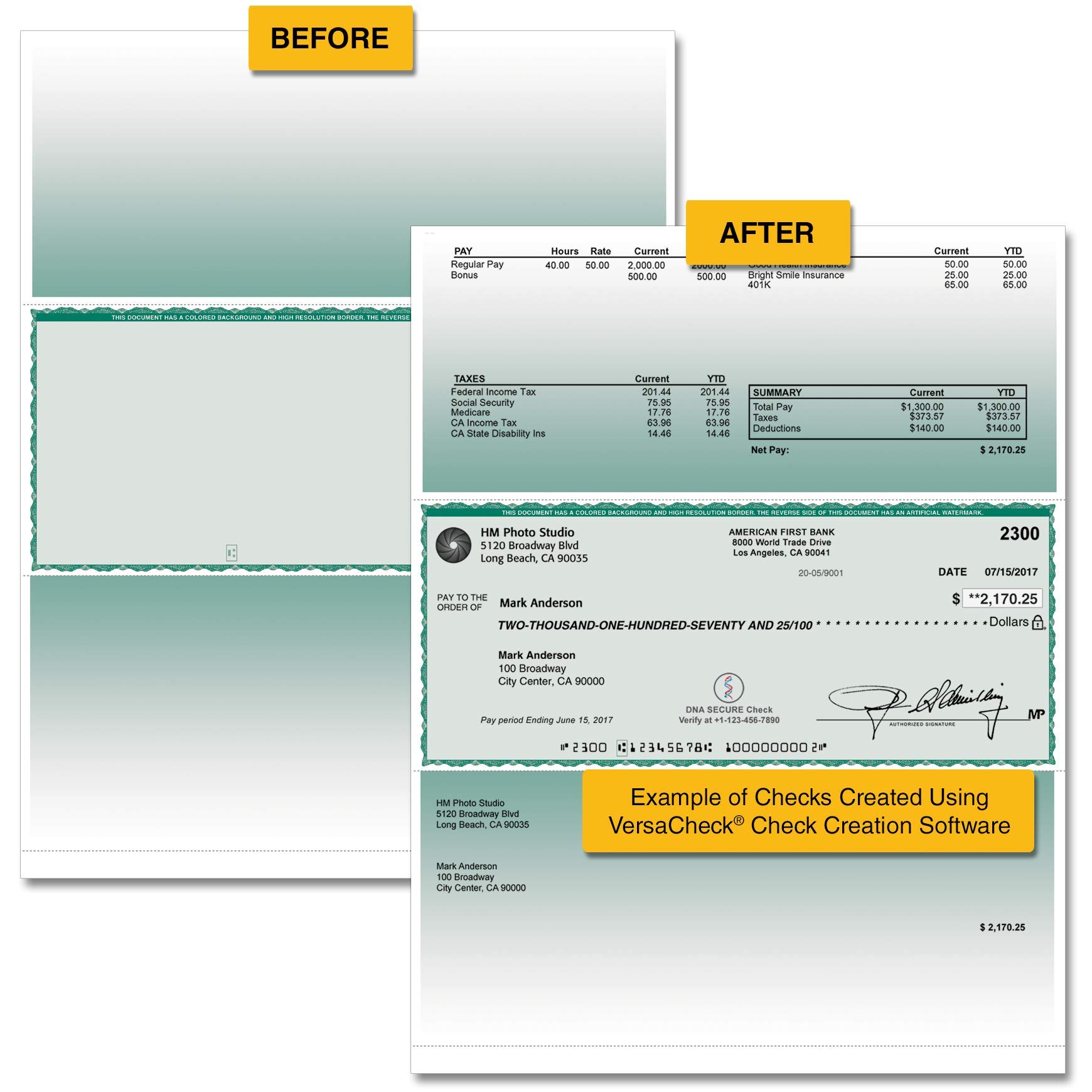 VersaCheck Secure Checks - 1000 Blank Business Voucher Checks (Green Premium, Form #1001, Middle Position) - Compatible with QuickBooks & Accounting Software - Perfect for Small Business Payroll & Vendor Payments