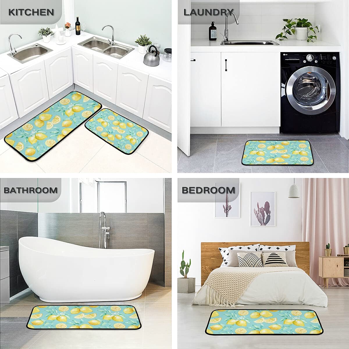 Emelivor 2-Piece Non-Slip Washable Lemon Kitchen Rugs Set - Teal Runner Mats for Floor Decor, Perfect for Kitchens, Entryways & Laundry Rooms