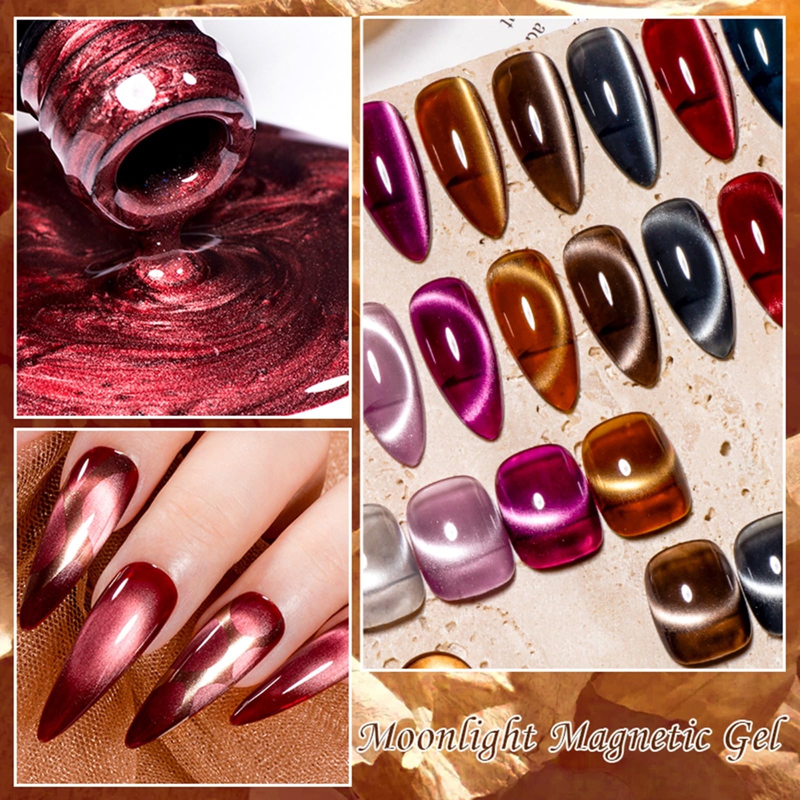 MEET ACROSS 12-Piece Cat Eye Gel Nail Polish Set - Fall Winter Retro Magnetic Nail Polish Kit in Pink, Brown, Blue, Gray & Green with Base & Top Coat - Soak Off UV Gel for Salon & Home Manicure - Perfect Gift for Nail Art Lovers