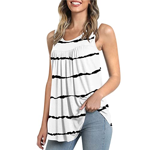 Women's Sleeveless Floral Printed Camisole Tank Top - Black Layering Shirt with Crew Neck, Loose Flowy Tunic & Pleated Vest Design for Summer | Casual Outfit, Beach Cover-Up, Layering Piece (White, XL)