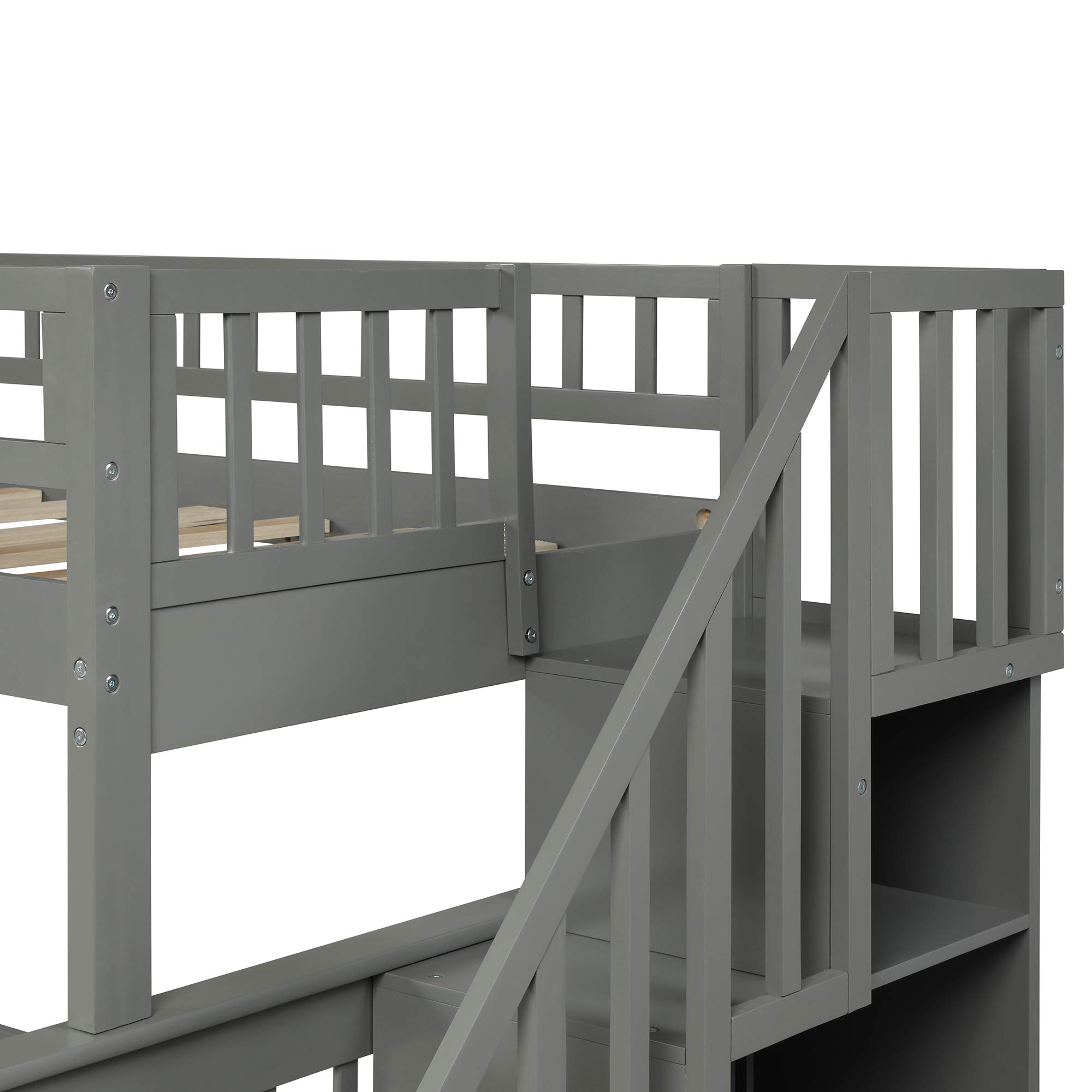P PURLOVE Stackable Twin Over Full Bunk Bed with Stairway - Wooden Storage Bunk Bed with Shelves & Guard Rail for Kids & Teens - Convertible into 2 Separate Beds - Gray Bed Frame - Perfect for Small Bedrooms, Dorms & Shared Kids' Rooms