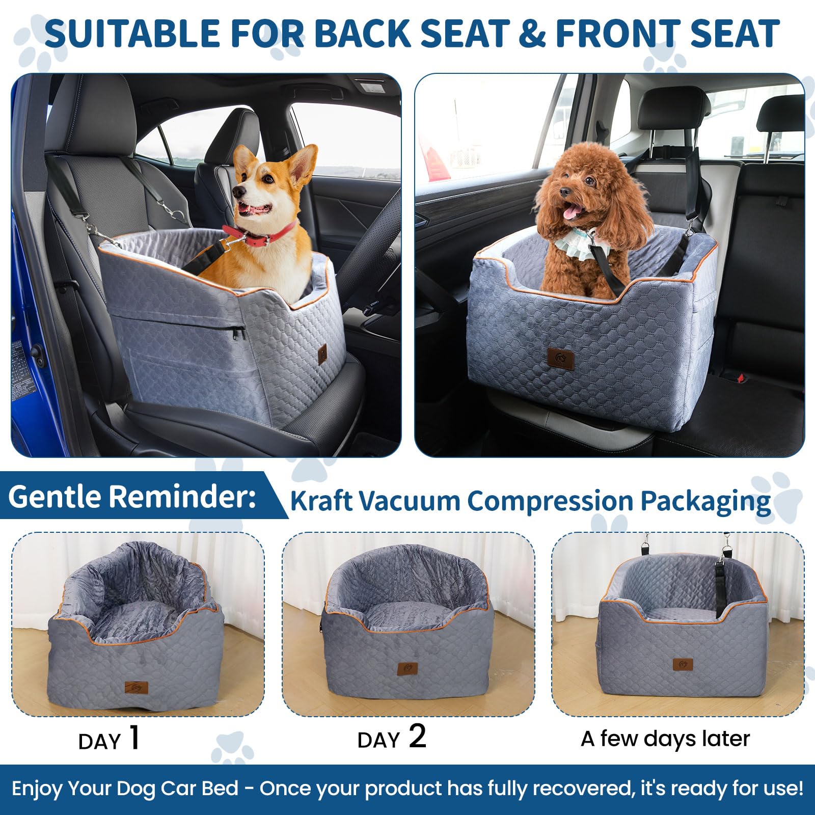 OTOB Dog Car Seat for Small & Medium Dogs Under 37lbs - Washable Memory Foam Pet Booster Seat with Storage Pockets & Safety Belts | Detachable Travel Bed for Car | Perfect for Road Trips & Daily Commutes