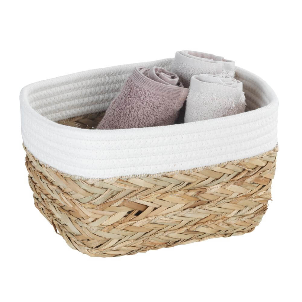 Rika Medium Rectangular Storage Basket - White & Natural Woven Organizer for Home, Office, Nursery Organization | Perfect for Shelves, Closets & Bathroom Storage
