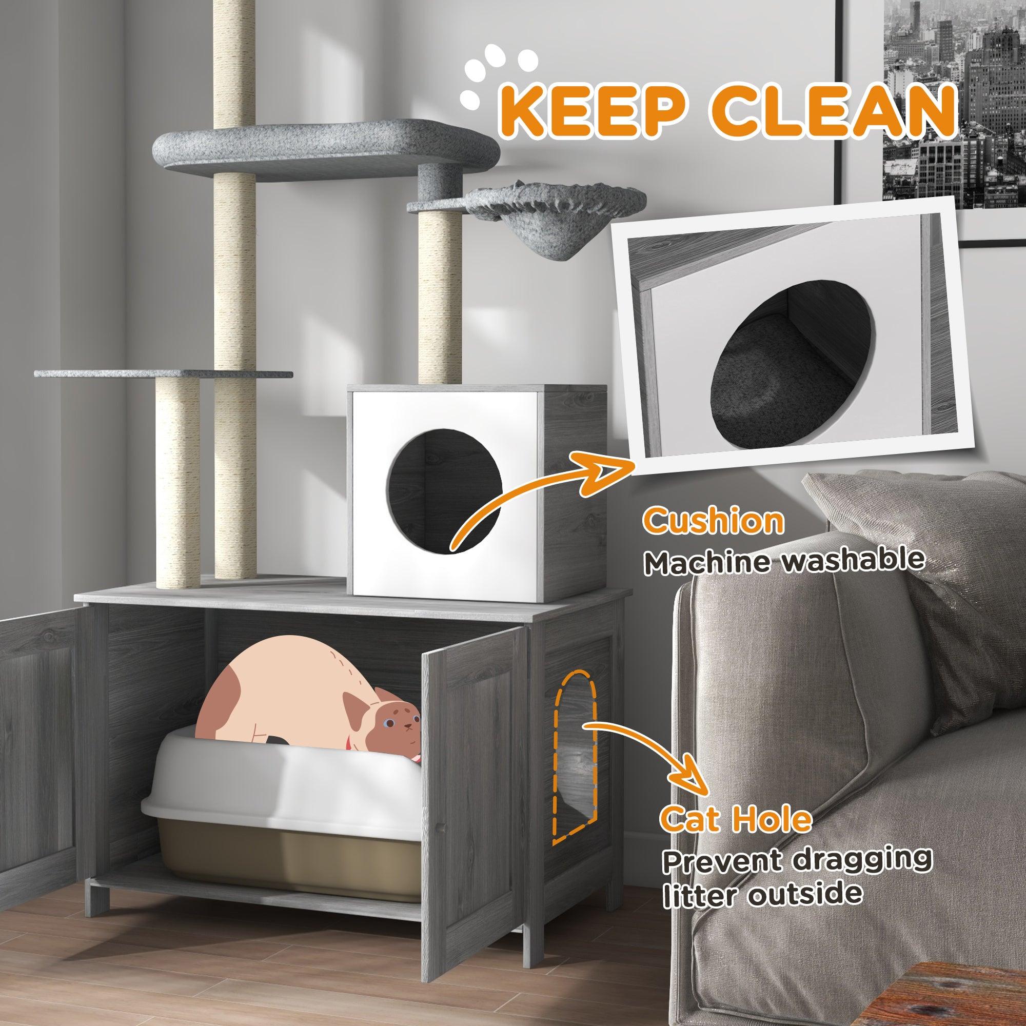 Multi-Level Cat Tree with Hidden Litter Box - 2-in-1 Floor to Ceiling Cat Tower with Condo, Bed, Hammock & Scratching Posts - Space-Saving Cat Furniture for Small Apartments (Gray) - Perfect for Indoor Cats Who Need Privacy While Using the Litter Box