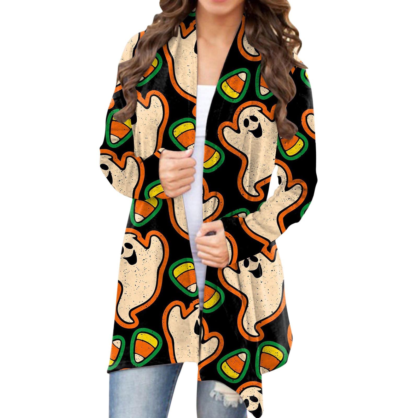Women's Halloween Cardigan - Pumpkin Cat Print Long Sleeve Open Front Plus Size Sweater Coat | Cozy Fall Layering for Parties, Office & Casual Outfits