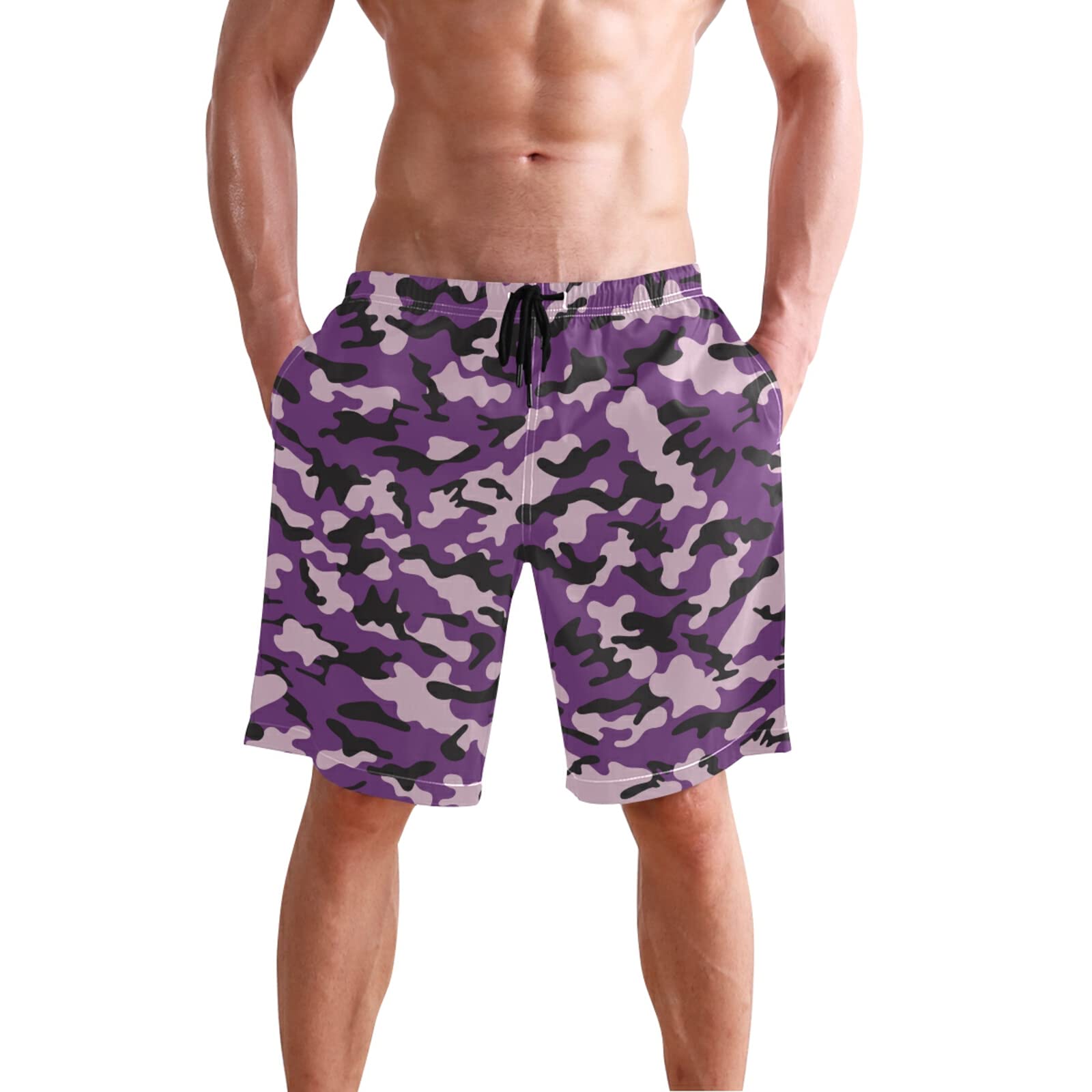 Men's Quick Dry Swim Trunks - Purple Military Camo Beach Shorts with Pockets | Lightweight Board Shorts for Swimming, Surfing & Summer Vacations