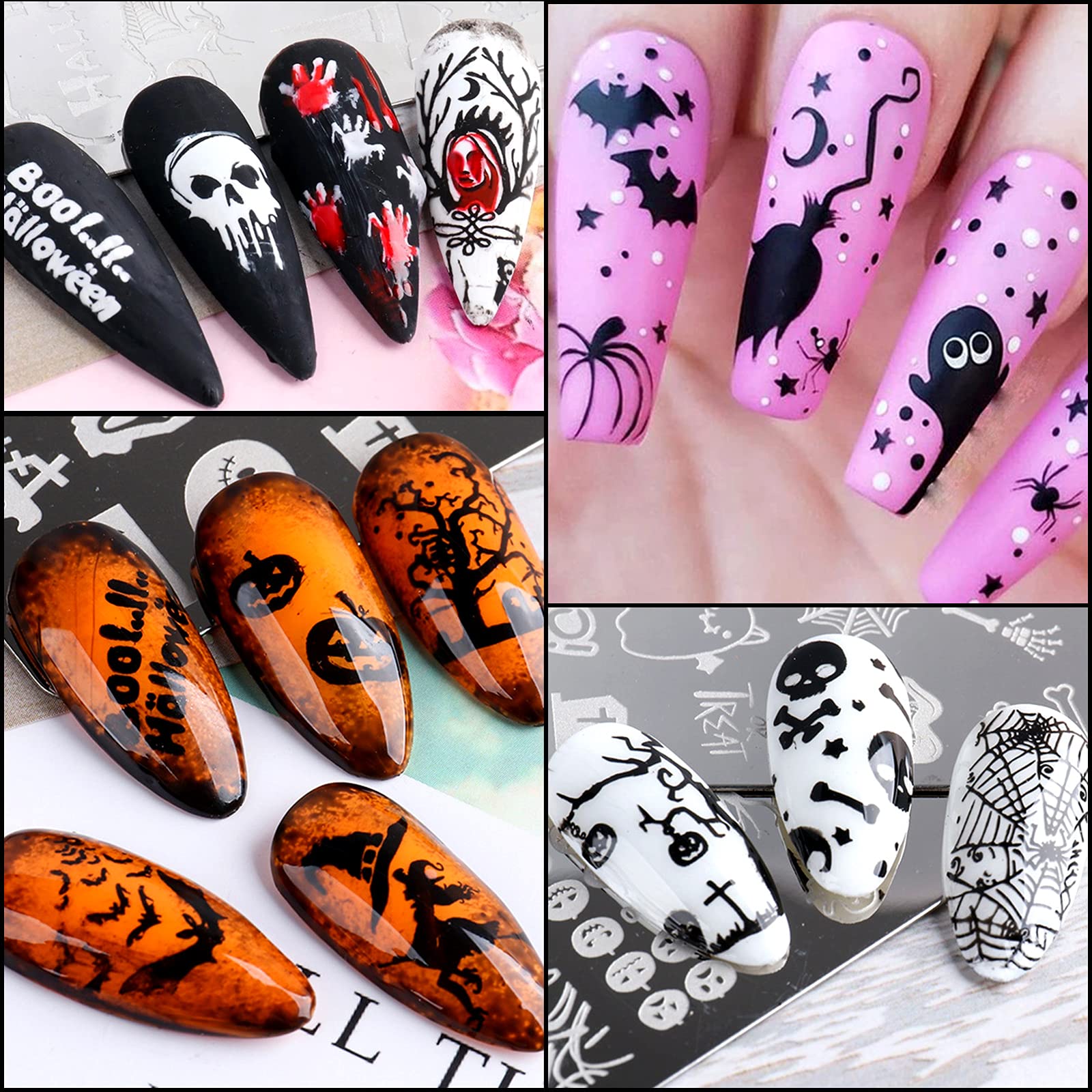 Whaline Halloween Nail Stamper Kit - 6Pcs Nail Art Plates with Pumpkin, Bat, Ghost, Spider, Witch & Owl Designs, 2 Boxes Glitter Sequins (Gold & Black) for DIY Manicure - Perfect for Halloween Parties, Nail Salon Decor & Spooky Nail Art Designs