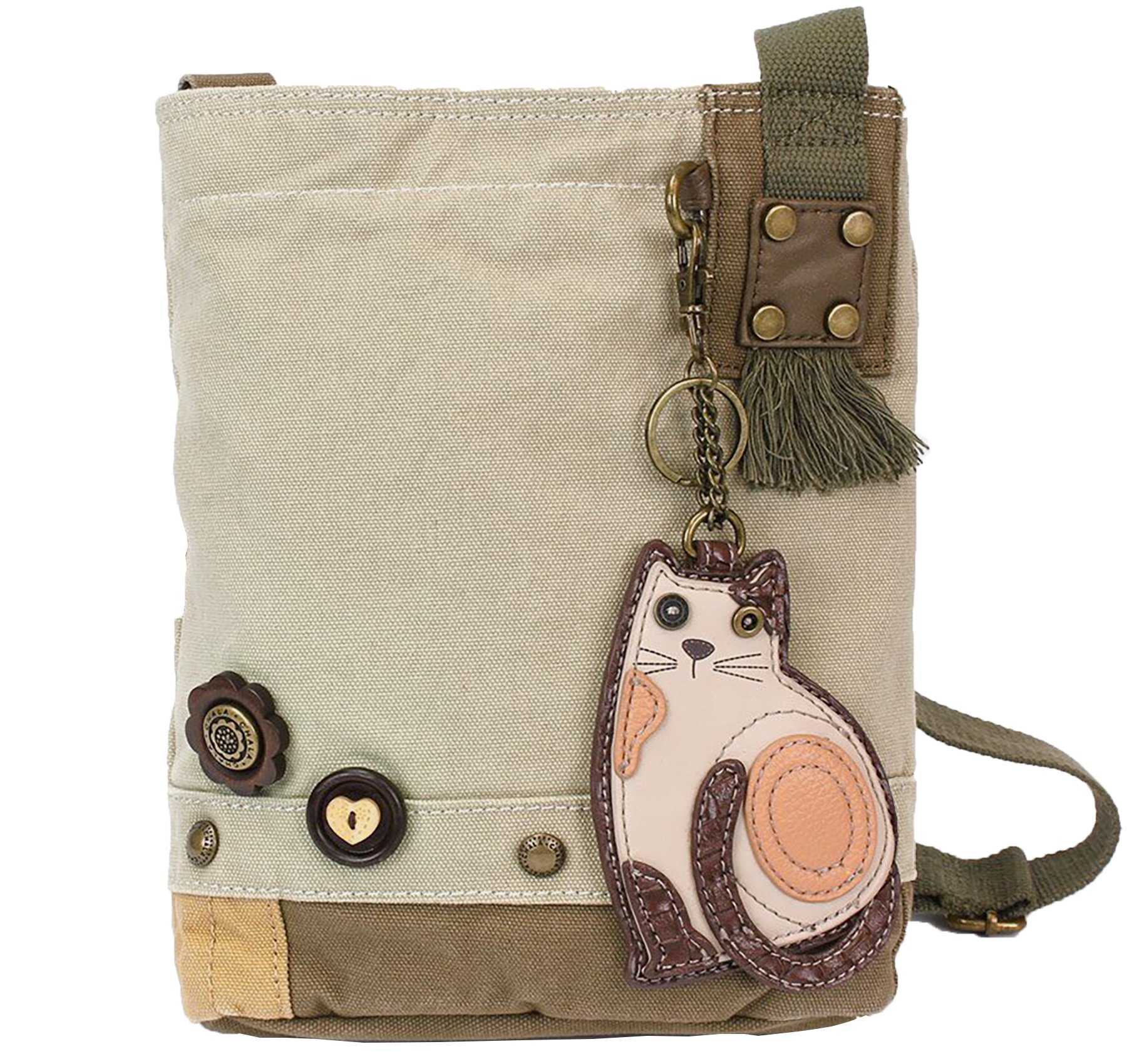 CHALA Women's Canvas Crossbody Bag with Patch & Key Fob - Sand Color (Lazy Cat Design) - Perfect for Casual Outings, Travel & Everyday Use