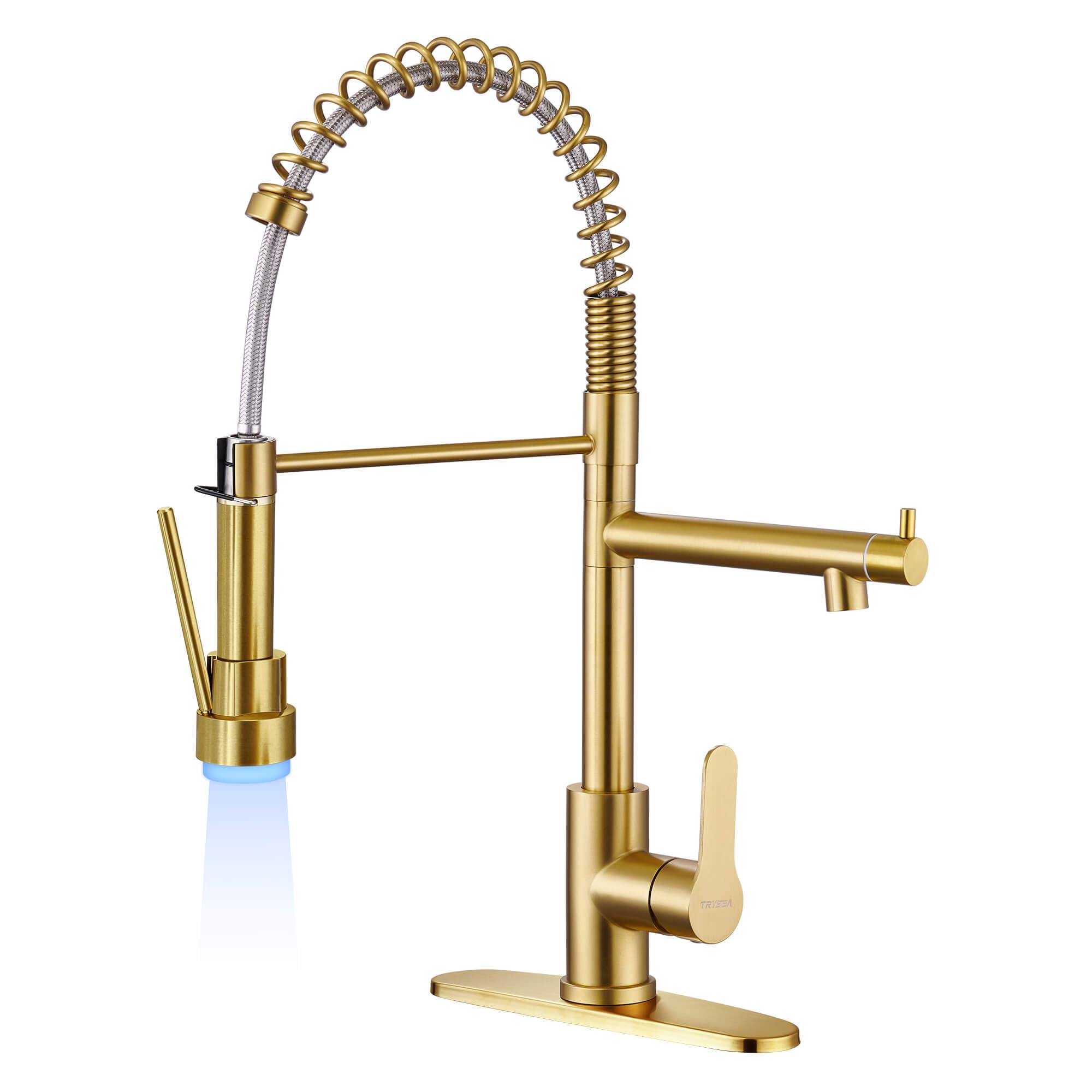 Modern Stainless Steel Kitchen Faucet with Pull Down Sprayer & LED Light - Brushed Gold Dual Spout Sink Faucet with Pot Filler - Perfect for Cooking, Washing Dishes & Filling Pots in Contemporary Kitchens