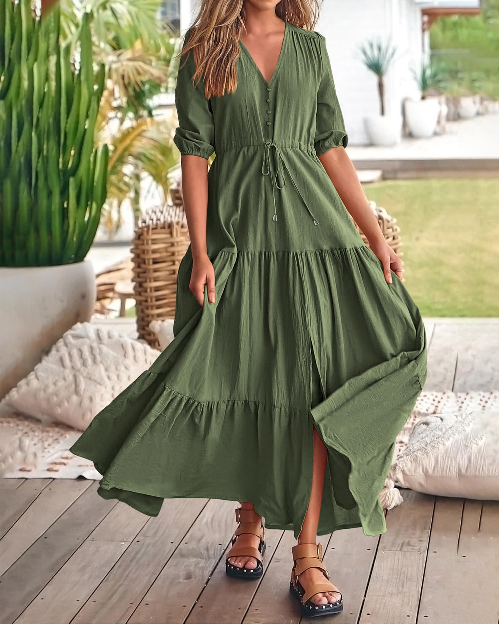 BTFBM Women's Summer Maxi Dress - Short Sleeve V-Neck Button Down Boho Long Dress with Drawstring Waist | Casual Beach, Vacation & Party Wear