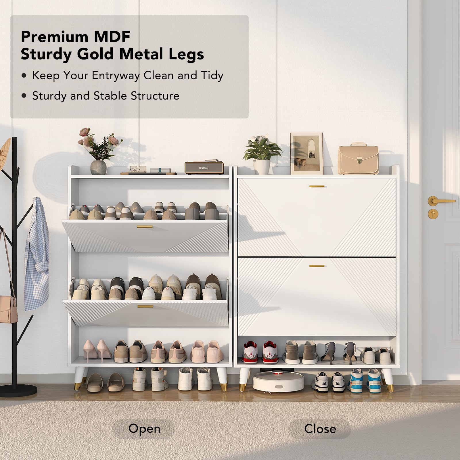 White Slim Wooden Shoe Storage Cabinet with 2 Flip Drawers - Freestanding Shoe Organizer with Cubby & Shelf for 24 Pairs - Perfect for Entryway, Hallway, Closet or Bedroom Organization