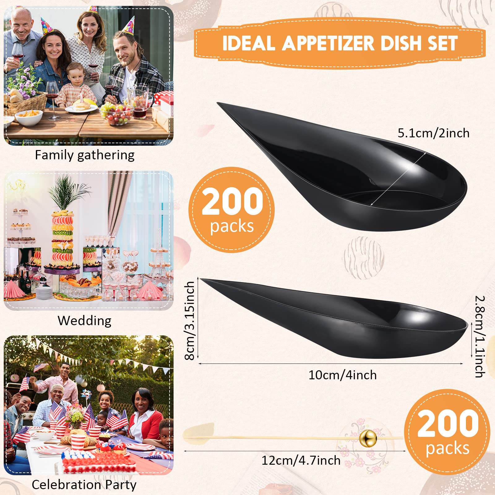 400 Pcs 4 Inch Black Tear Drop Mini Appetizer Plates & 200 Plastic Tasting Spoons with 200 Pearl Toothpicks - Elegant Catering Supplies for Wedding, Party, Cocktail Events - Perfect for Hors d'oeuvres, Desserts, and Finger Food Serving