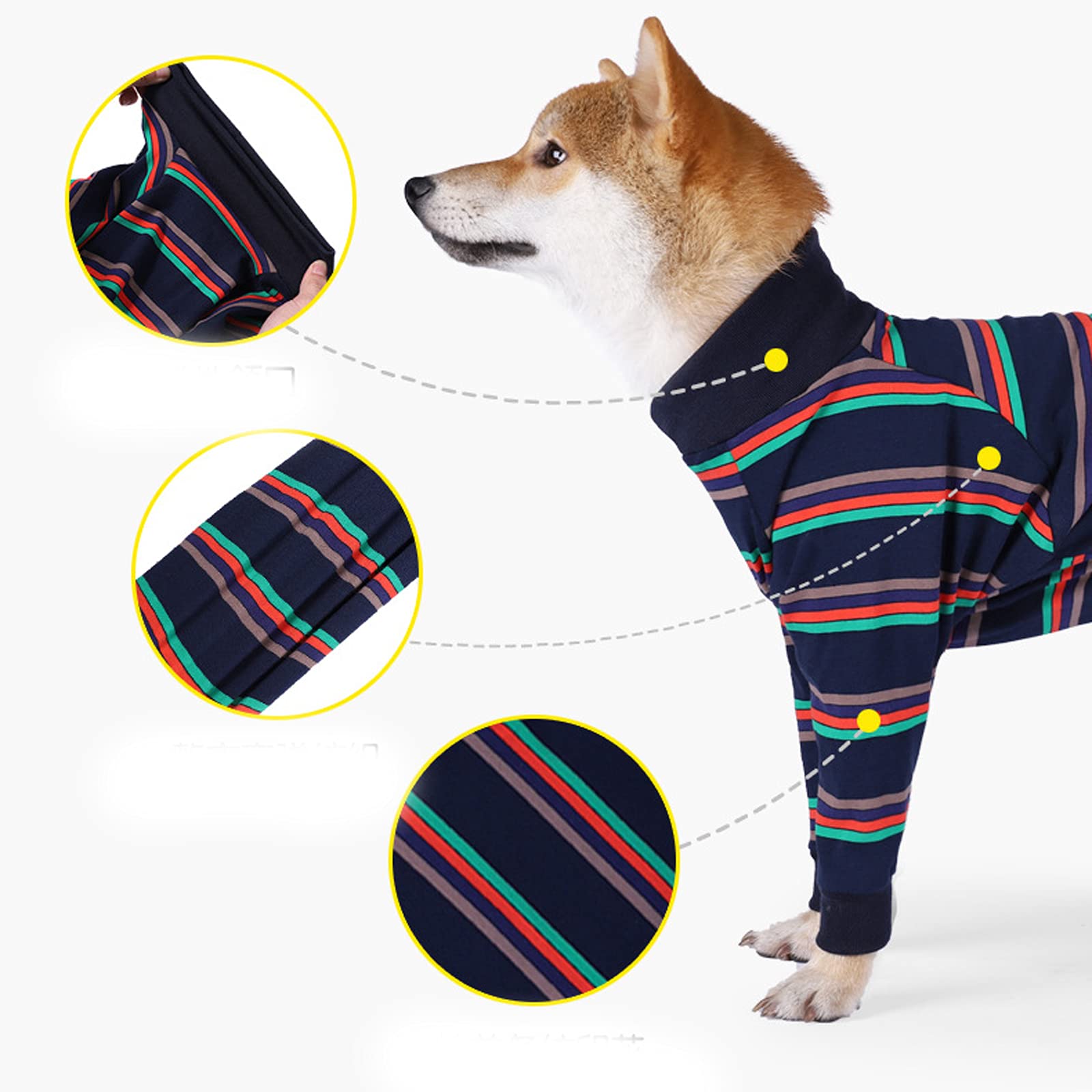 Striped Dog Pajamas - Elastic 4-Leg Jumpsuit for Medium & Large Dogs | Lightweight Pet Clothes for Comfort & Warmth | Perfect for Indoor Lounging, Cold Weather & Post-Surgery Recovery (Navy Blue, Size S)